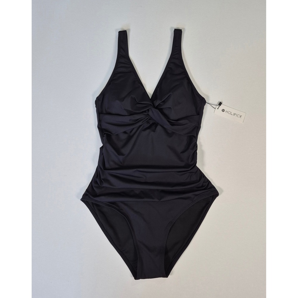 Holipick Black One Piece Swimsuit Twist Front Ruched Tummy Control Size S NWT